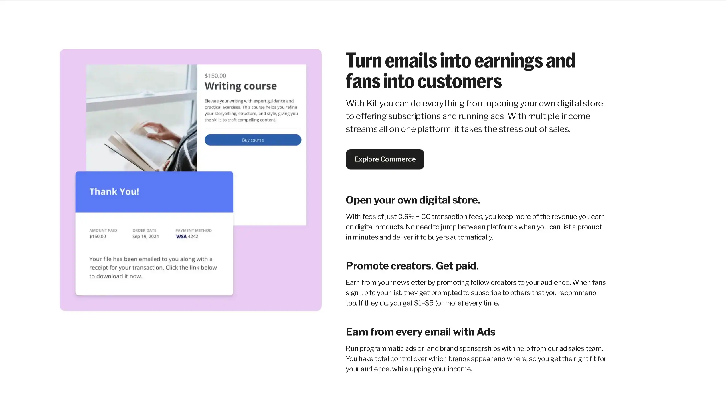 Kit platform: Email to earnings. Digital store, writing course, & confirmation email.